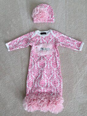 New Born Pink Damask Layette Cotton Baby Gown  Pink Chiffon Flowers and Rhines